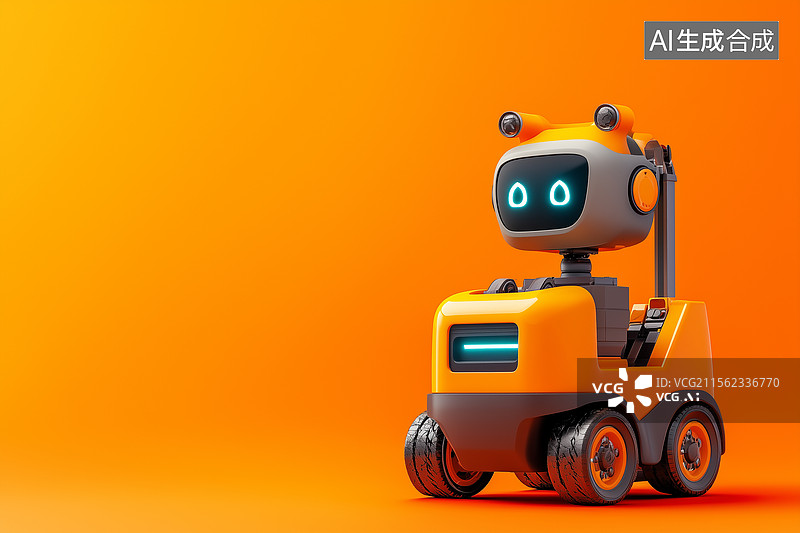 【AI数字艺术】3D橙色轮式服务机器人设计图片素材
