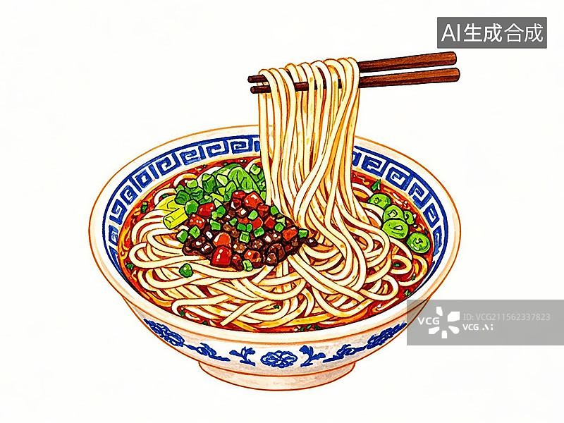 【AI数字艺术】担担面-传统美食小吃手绘插画图片素材