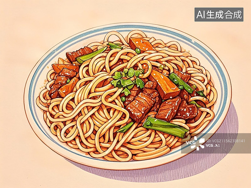【AI数字艺术】新疆托克逊拌面-传统美食小吃手绘插画图片素材