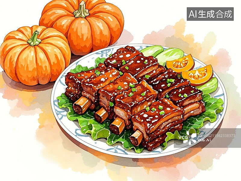 【AI数字艺术】江苏无锡酱排骨-传统美食小吃手绘插画图片素材