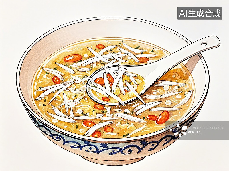 【AI数字艺术】江西鄱阳湖银鱼羹-传统美食小吃手绘插画图片素材