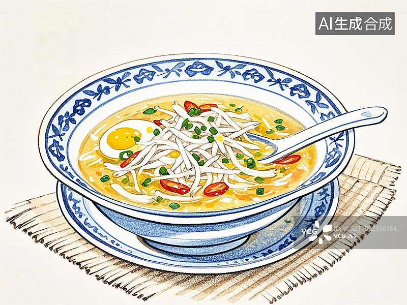 【AI数字艺术】江西鄱阳湖银鱼羹-传统美食小吃手绘插画图片素材