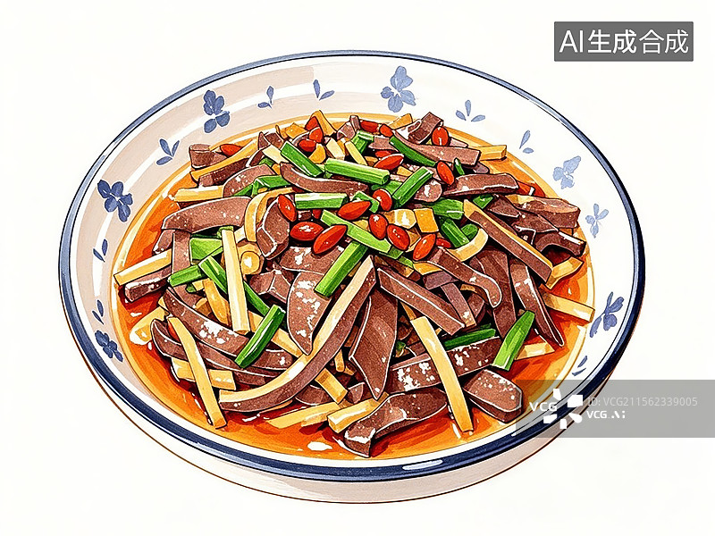 【AI数字艺术】河北正定崩肝，牛肝切丝爆炒-传统美食小吃手绘插画图片素材