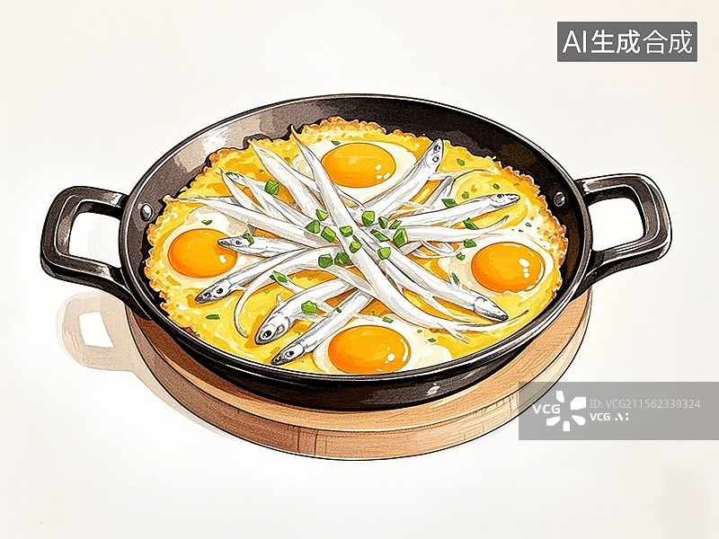【AI数字艺术】庭湖银鱼煎蛋-传统美食小吃手绘插画图片素材