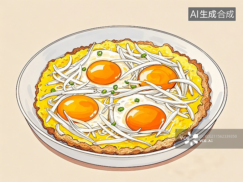 【AI数字艺术】庭湖银鱼煎蛋-传统美食小吃手绘插画图片素材