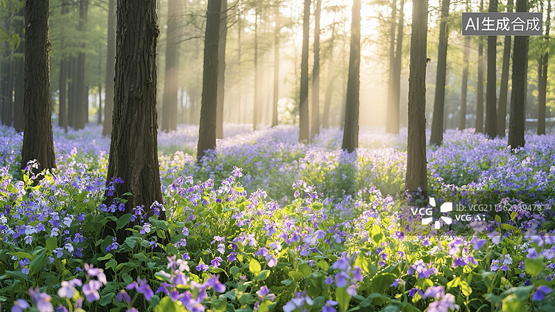 【AI数字艺术】水杉林里的二月兰图片素材