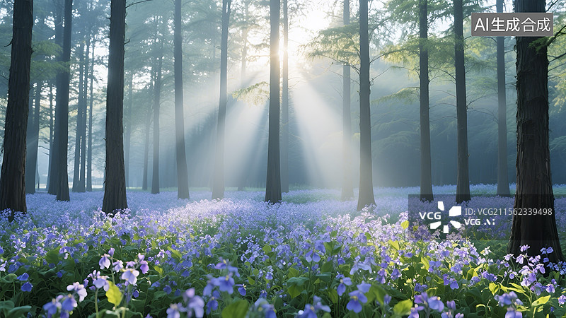【AI数字艺术】水杉林里的二月兰图片素材