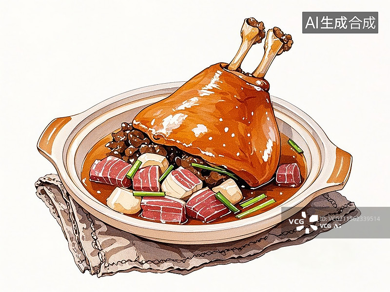 【AI数字艺术】浙江金华火腿炖蹄膀-传统美食小吃手绘插画图片素材