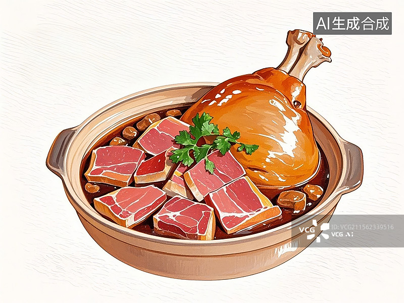 【AI数字艺术】浙江金华火腿炖蹄膀-传统美食小吃手绘插画图片素材