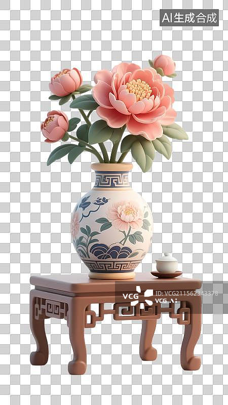 【AI数字艺术】中式花瓶插着粉色牡丹花花朵图片素材