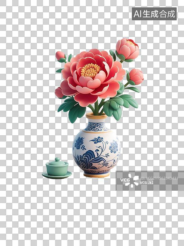 【AI数字艺术】青花瓷瓶插粉牡丹牡丹花图片素材