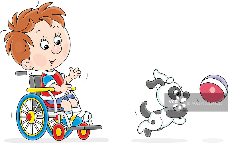 坐在轮椅上的孩子，手上打着石膏绷带图片素材