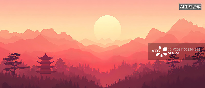 【AI数字艺术】朱砂红色中国古代山水画插图图片素材