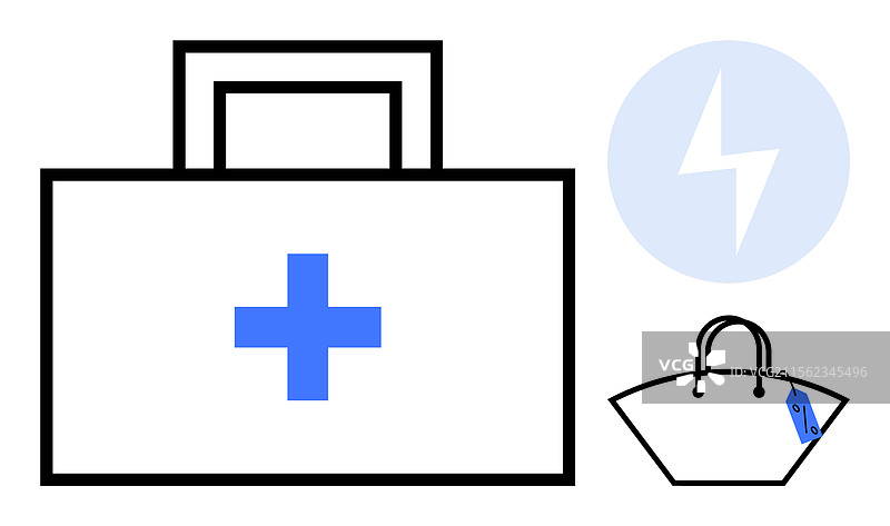 带有蓝色十字的医疗包和购物袋图片素材