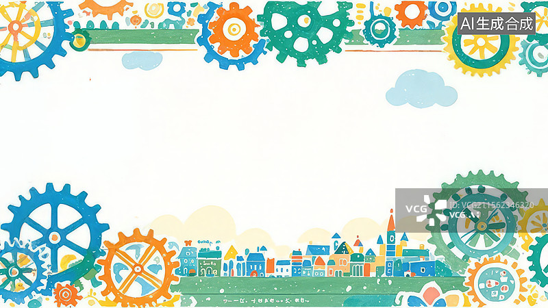 【AI数字艺术】2D卡通环绕--齿轮与城市景观的插画图片素材