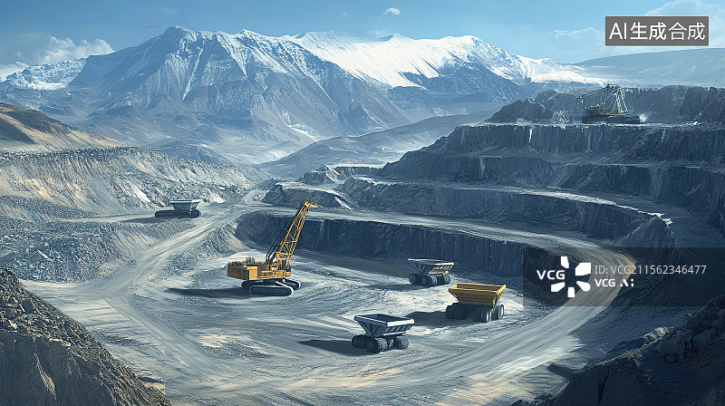【AI数字艺术】深山的矿区矿产矿山开采设备和矿车图片素材