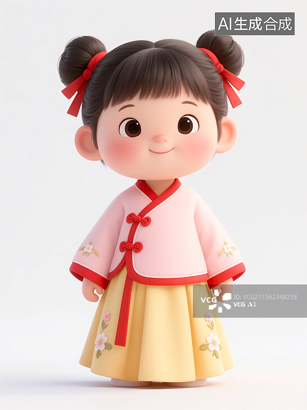 【AI数字艺术】3D穿着古风服装扎着红绳的可爱女孩图片素材