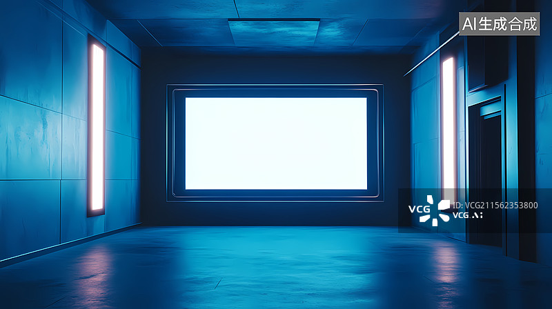 【AI数字艺术】未来主义空房间与空白屏幕图片素材