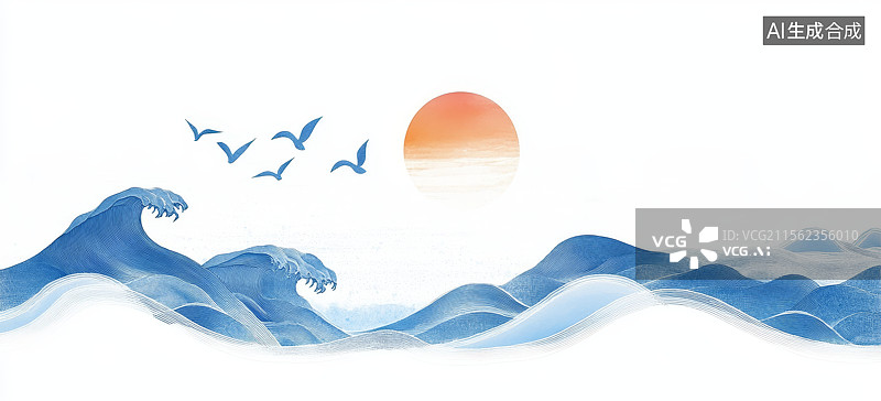 【AI数字艺术】海浪与夕阳图片素材