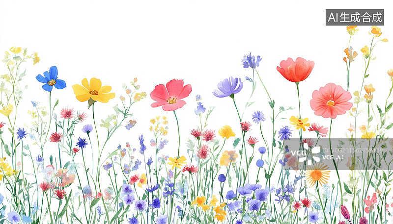 【AI数字艺术】水彩画中的野花草地图片素材