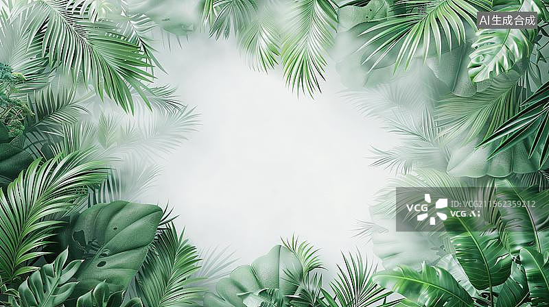 【AI数字艺术】白色背景下植物的特写镜头 绿意盎然的清新边框 生机勃勃的植物留白图片素材