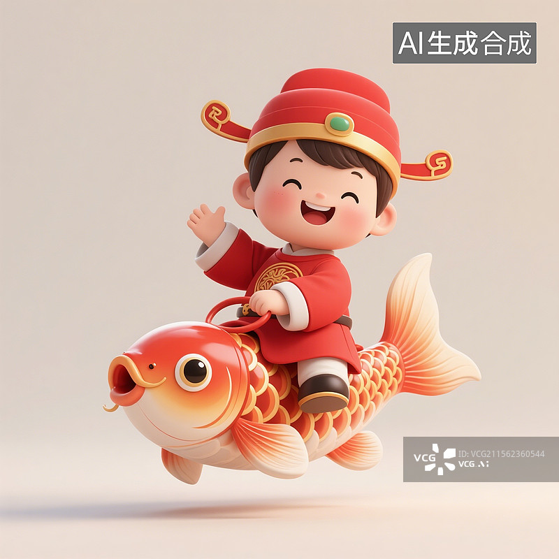 【AI数字艺术】3D渲染卡通人物，骑着幸运锦鲤的状元，文曲星，高考冲刺，高考加油，金榜题名，考试上岸，免抠元素图片素材