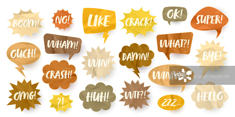 皱巴巴的棕色纸张漫画对话气泡与手图片素材