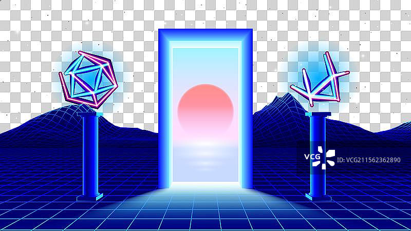 发光的传送门或门，伴随合成波日落图片素材