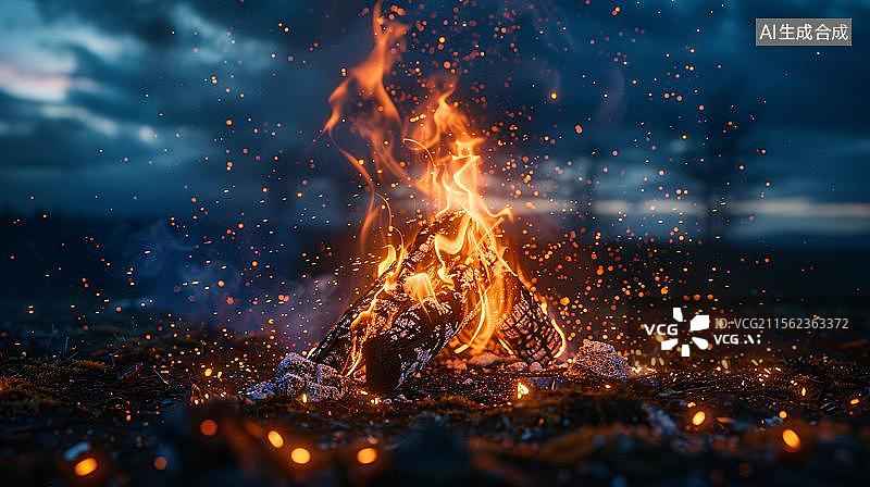 【AI数字艺术】篝火旁的温暖之夜  跃动的火焰与火花图片素材