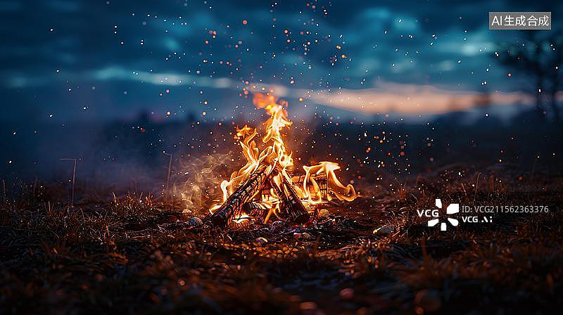 【AI数字艺术】篝火旁的温暖之夜  跃动的火焰与火花图片素材