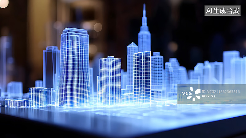 【AI数字艺术】全息投影显示的城市建筑模型图片素材