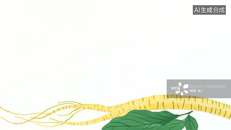 【AI数字艺术】2D卡通居下人参根与绿叶插图图片素材