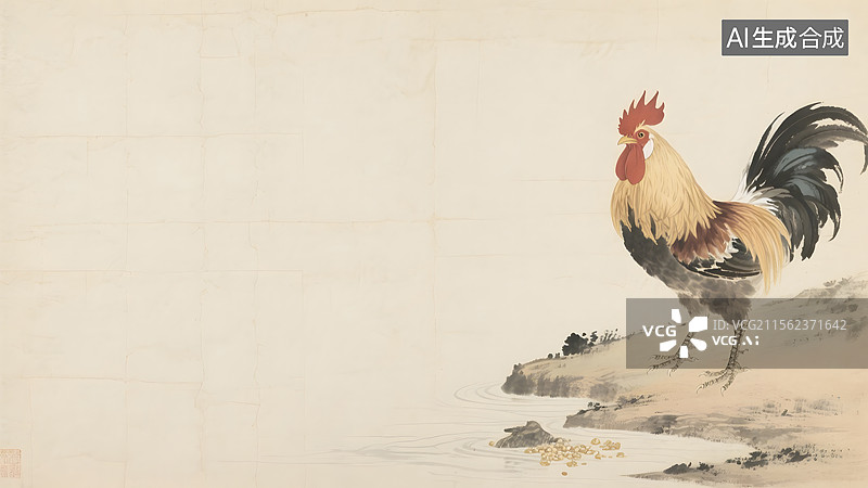 【AI数字艺术】水墨画鸡雄鸡公鸡居右图片素材
