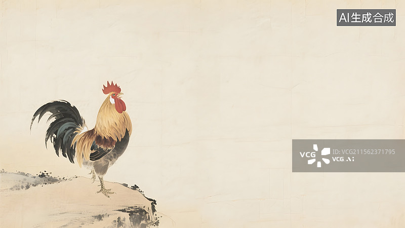 【AI数字艺术】水墨画鸡雄鸡公鸡左下图片素材