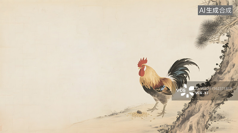 【AI数字艺术】水墨画鸡雄鸡公鸡居右图片素材