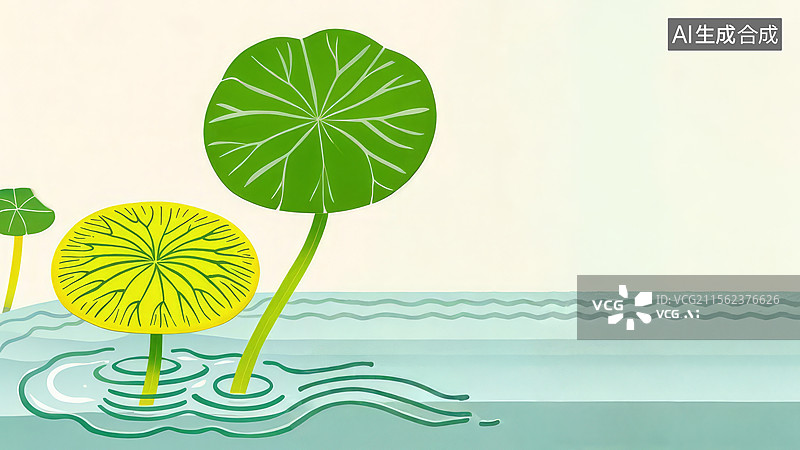 【AI数字艺术】2D卡通居左-水面上的荷叶插画图片素材