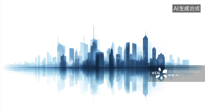 【AI数字艺术】蓝色城市天际线倒影图片素材