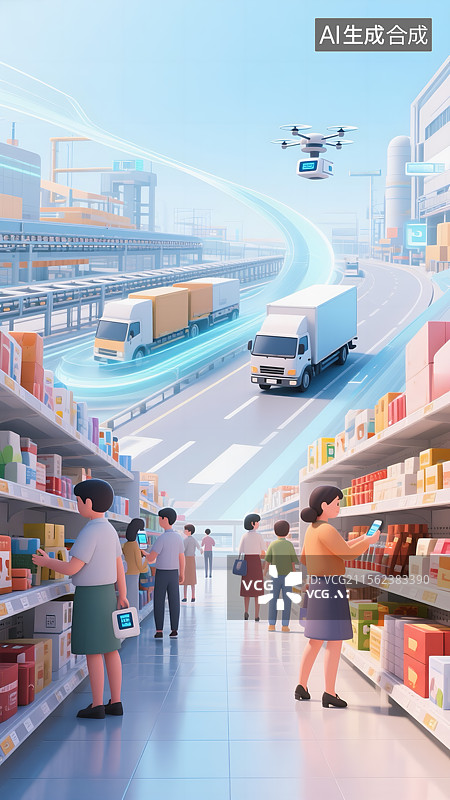 【AI数字艺术】未来城市物流经济内循环消费卡通插画图片素材