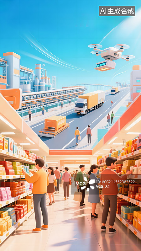 【AI数字艺术】未来城市物流经济内循环消费卡通插画图片素材
