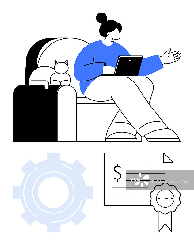 沙发上有猫的女人在用笔记本电脑工作图片素材