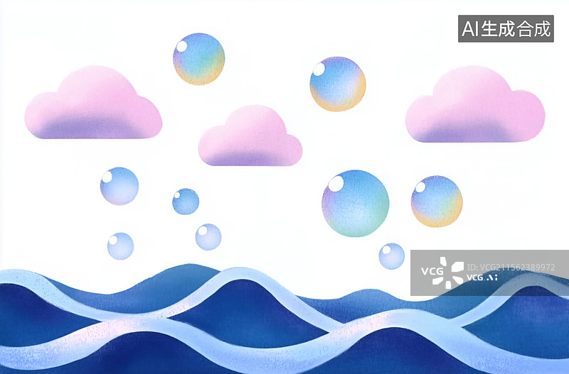 【AI数字艺术】卡通蓝色海洋海浪波纹泡沫泡泡手绘彩铅风格图片素材
