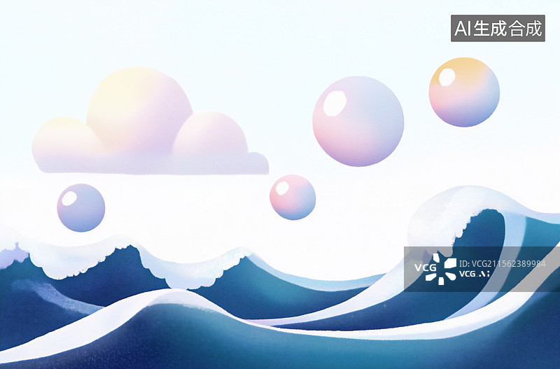 【AI数字艺术】卡通蓝色海洋海浪波纹泡沫泡泡手绘彩铅风格图片素材