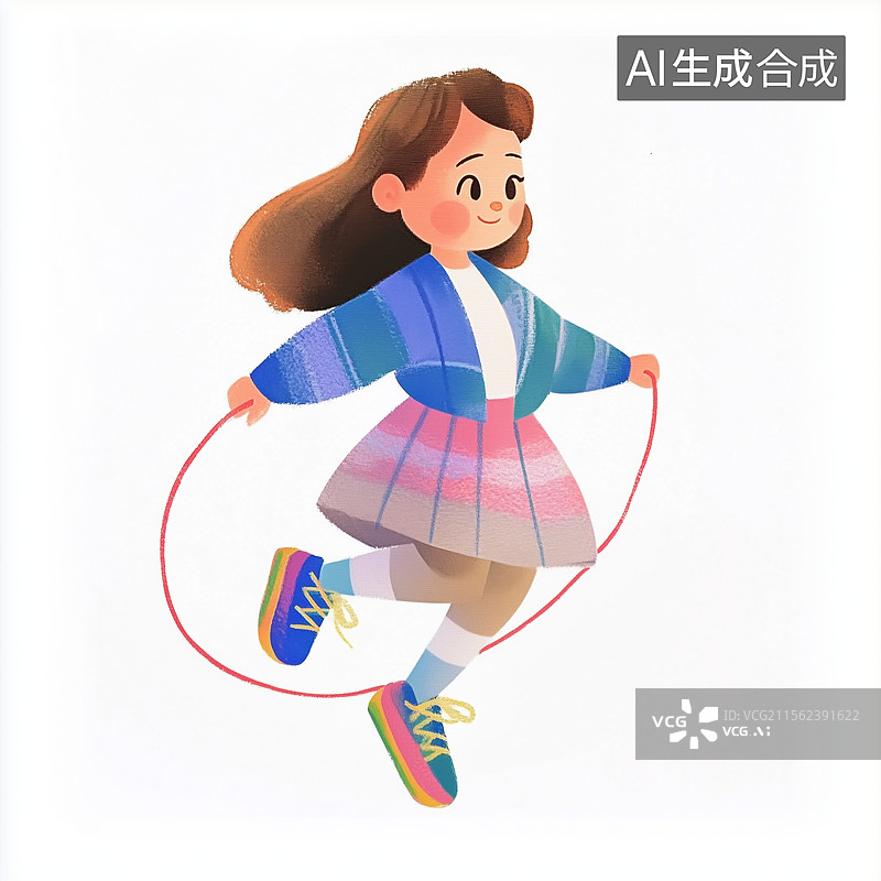 【AI数字艺术】卡通跳绳的长发女孩儿童节可爱手绘彩铅风格图片素材