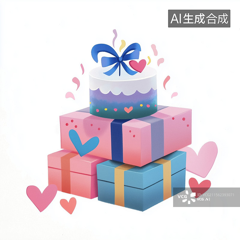 【AI数字艺术】卡通蛋糕礼物盒生日派对儿童节可爱手绘彩铅风格图片素材