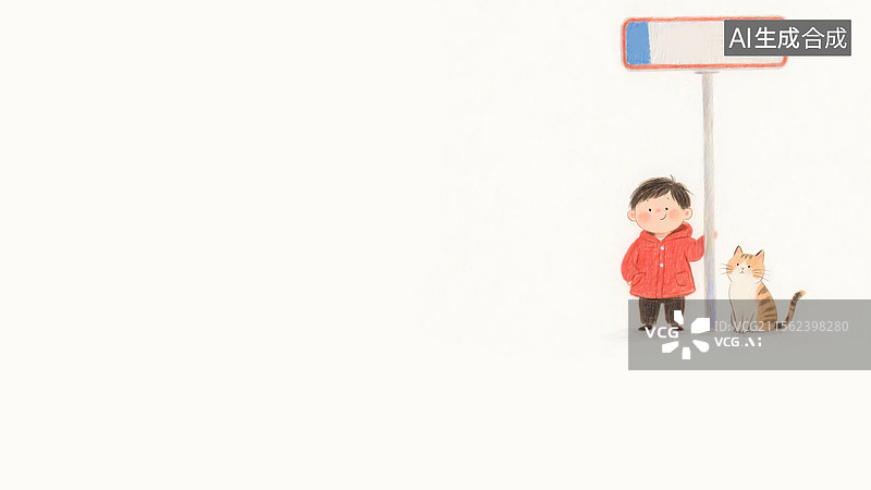 【AI数字艺术】2D卡通彩铅质感小男孩和猫插画背景右上图片素材
