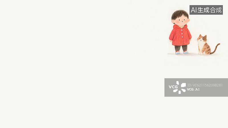 【AI数字艺术】2D卡通彩铅质感小男孩和猫插画背景右上图片素材