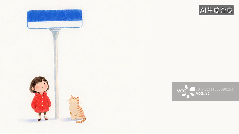 【AI数字艺术】2D卡通彩铅质感小女孩和猫插画背景居左图片素材