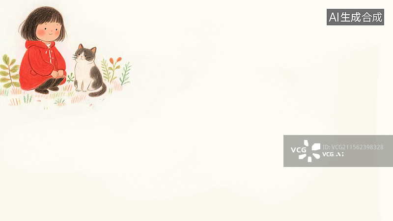 【AI数字艺术】2D卡通彩铅质感小女孩和猫插画背景左上图片素材