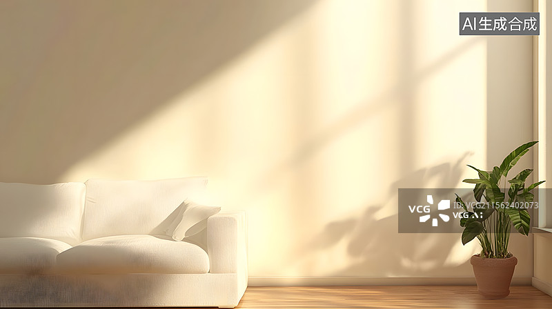【AI数字艺术】白色沙发木地板米色墙面的阳光客厅图片素材