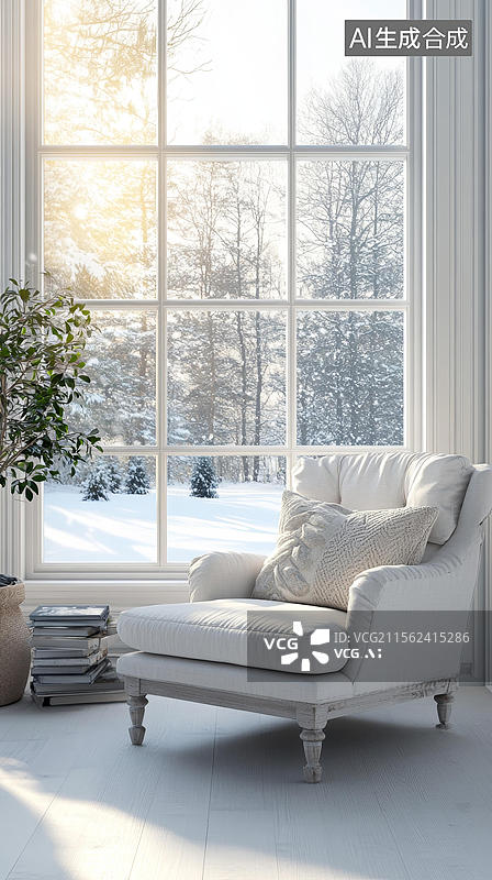 【AI数字艺术】窗前冬日午后时光的温馨单人沙发图片素材